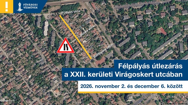 A kép egy térképet ábrázol a XXII. kerületi Virágoskert utcában esedékes félpályás útlezárásról 2026. november 2. és december 6. között.