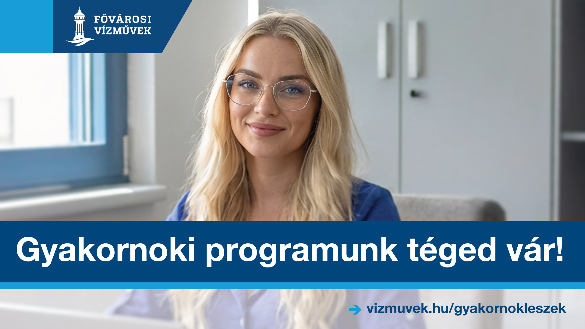 A kép illusztráció, amelyen a Fővárosi Vízművek gyakornoki programját népszerűsítő plakát látható.
