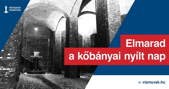 A kép az FV Kőbányai víztárolójának belső terében készült, melyre az "Elmarad a kőbányai nyílt nap" felirat került.