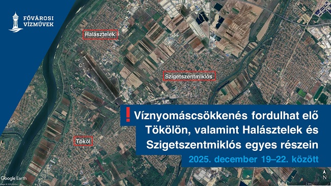A képen a december 19-22-ei munkálatok miatt vízhiánnyal, nyomáscsökkenéssel érintett területeket jelöltük Szigetszentmiklóson, Halásztelken és Tökölön.