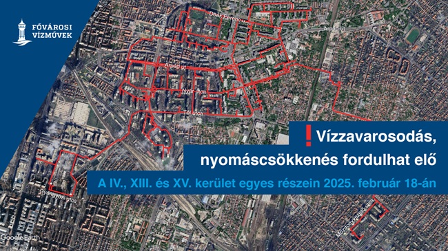 A térképen a 2025. február 18-ai, a IV., XIII. és XV. kerületekben folyó munkálatok által érintett területeket jelöljük.