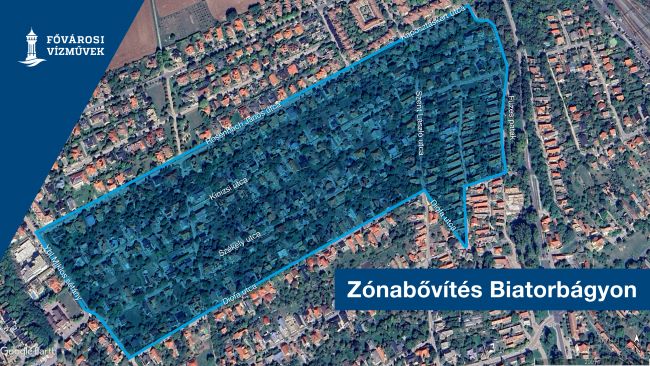 A térképen a biatorbágyi zónabővítés miatt nyomáscsökkenéssel, vízzavarosodással érintett területet jelöltük, amely 2025. július 8-án 8:00 és 12:00 óra között fordulhat elő.