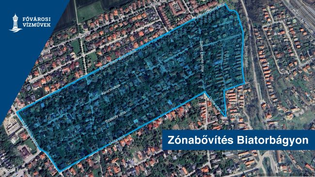 A térképen a biatorbágyi zónabővítés miatt nyomáscsökkenéssel, vízzavarosodással érintett területet jelöltük, amely 2025. július 8-án 8:00 és 12:00 óra között fordulhat elő.