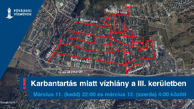 A térképen a 2025. március 11-én kezdődő, III. kerületekben folyó munkálatok által érintett vízhiányos területeket jelöljük.