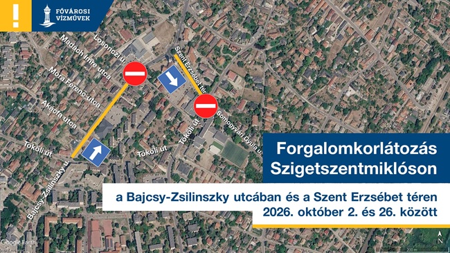 A kép egy térképet ábrázol a szigetszentmiklósi forgalomkorlátozásról, ami az október 26. és 26. közötti vezeték-rekonstrukció miatt vált szükségessé