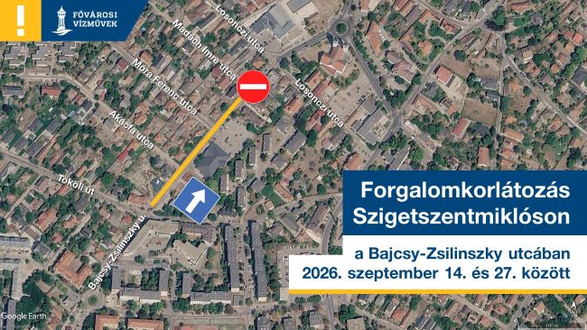 A kép egy térképet ábrázol a szigetszentmiklósi forgalomkorlátozásról, ami a szeptember 14. és 27. közötti vezeték-rekonstrukció miatt vált szükségessé
