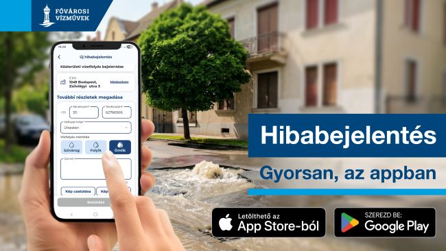 A képen egy mobiltelefont tartó ember keze, a képernyőn az applikáció nyitóképe látható. Felirat: Hibabejelentés. Gyorsan, az appban