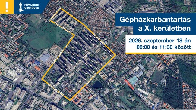 a térkép egy illusztráció, amin a X. kerületben várható nyomáscsökenéssel, vízhiánnyal, vízzavarosodással érintett területeket jelöltük
