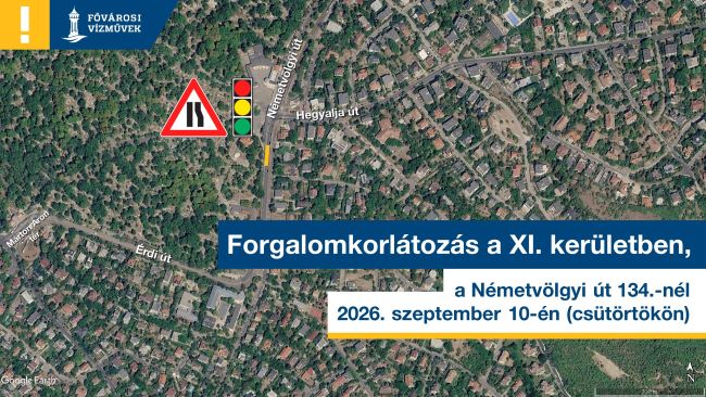 A képen egy térkép látható, ami a XI. kerületben szeptember 10-én várható útburkolat-helyreállítás miatt szükséges forgalomkorlátozást mutatja.