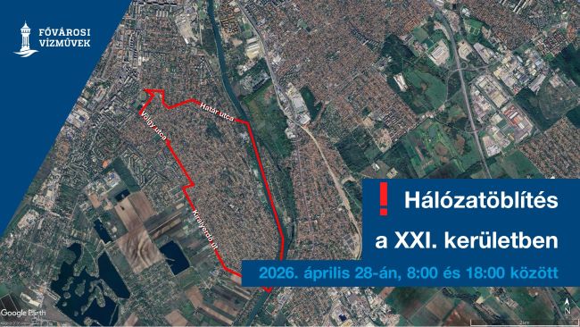 A kép illusztráció melyen a 2026. április 28-án esedékes hálózatöblítés területeit jelöljük a XXI. kerületben