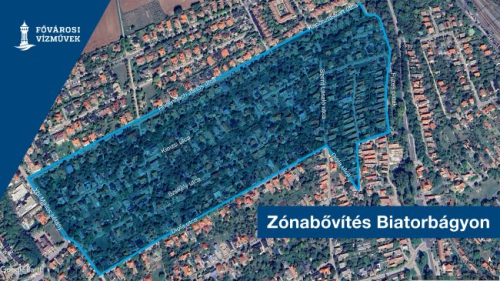A térképen a biatorbágyi zónabővítés miatt nyomáscsökkenéssel, vízzavarosodással érintett területet jelöltük, amely 2025. július 8-án 8:00 és 12:00 óra között fordulhat elő.