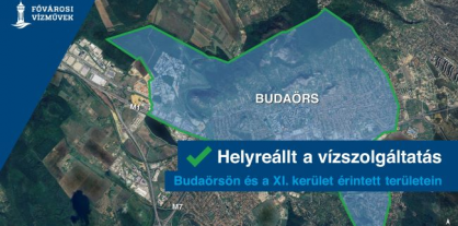 A kép illusztráció, melyen Budaörsöt jelöltük a térképen. Felirat: Helyreállt a vízszolgáltatás Budaörsön és a XI. kerület érintett területein