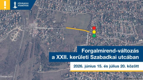 a képen egy térkép látható, amin 2026. június 15. és július 20. között a XXII. kerületi Szabadkai utcát érintő vízhiány érintett területeit jelöltük