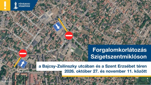 A kép egy térképet ábrázol a szigetszentmiklósi forgalomkorlátozásról, ami az október 27. és november 11. közötti vezeték-rekonstrukció miatt vált szükségessé