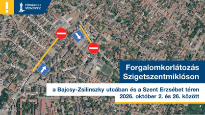 A kép egy térképet ábrázol a szigetszentmiklósi forgalomkorlátozásról, ami az október 2. és 26. közötti vezeték-rekonstrukció miatt vált szükségessé.