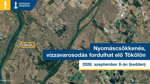 A kép egy térképet ábrázol a szeptember 8-án várható nyomáscsökkenéssel, vízhiánnyal érintett területekről Tökölön.