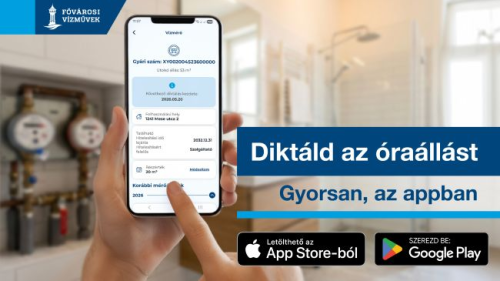 A képen egy mobiltelefont tartó ember keze, a képernyőn az applikáció nyitóképe látható. Felirat: Diktáld az óraállást. Gyorsan, az appban.