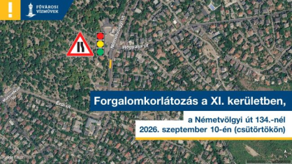 A képen egy térkép látható, ami a XI. kerületben szeptember 10-én várható útburkolat-helyreállítás miatt szükséges forgalomkorlátozást mutatja.